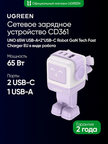 Изображение товара Сетевое зарядное устройство UGREEN CD361 (35291) UNO 65W USB-A+2*USB-C Robot GaN Tech Fast Charger EU в виде робота. Цвет: сиреневый