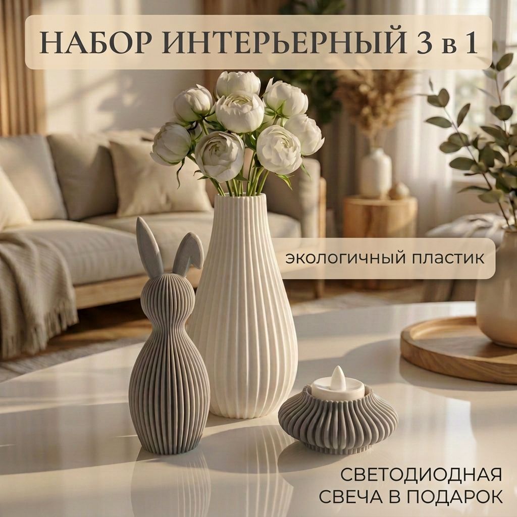 Подарочный набор интерьерный, ваза, статуэтка, подсвечник.