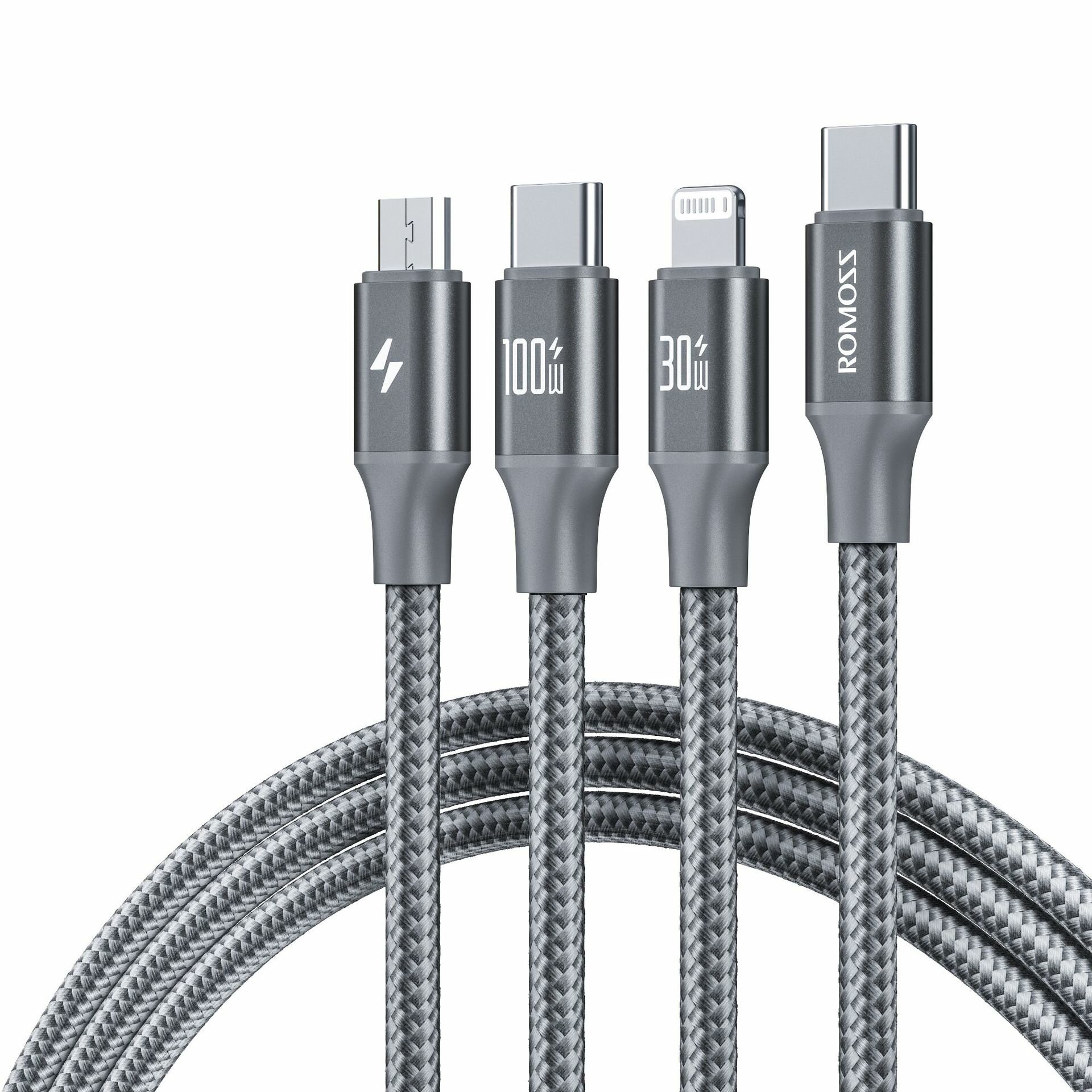 ROMOSS 3-в-1 кабель для зарядки PD100W 1.5м серый космос шнур для iPhone Samsung Huawei Type-C Lightning
