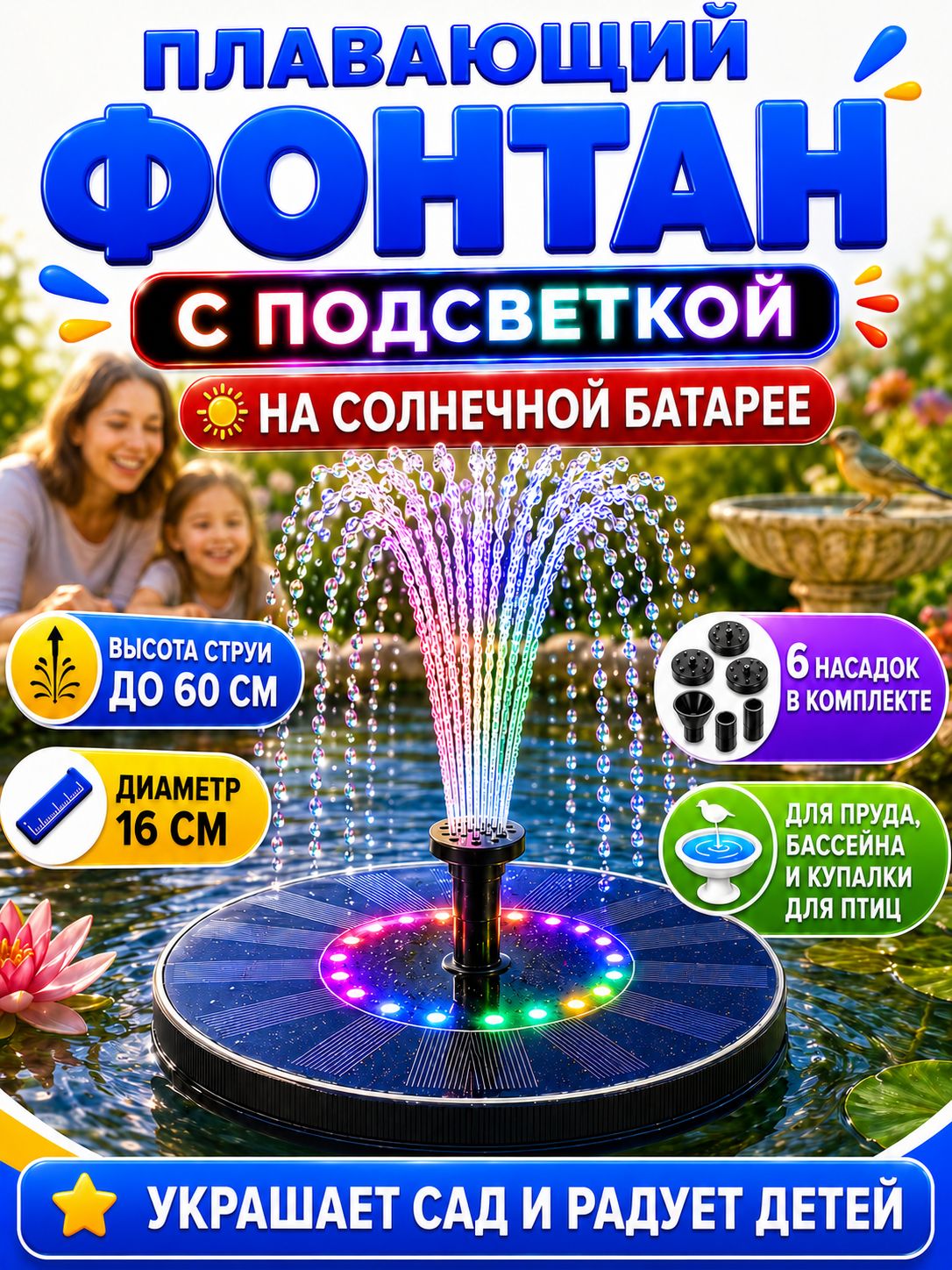 Плавающий фонтан на солнечной батарее садовый, с подсветкой для пруда и бассейна диаметр 16 см,6 насадок