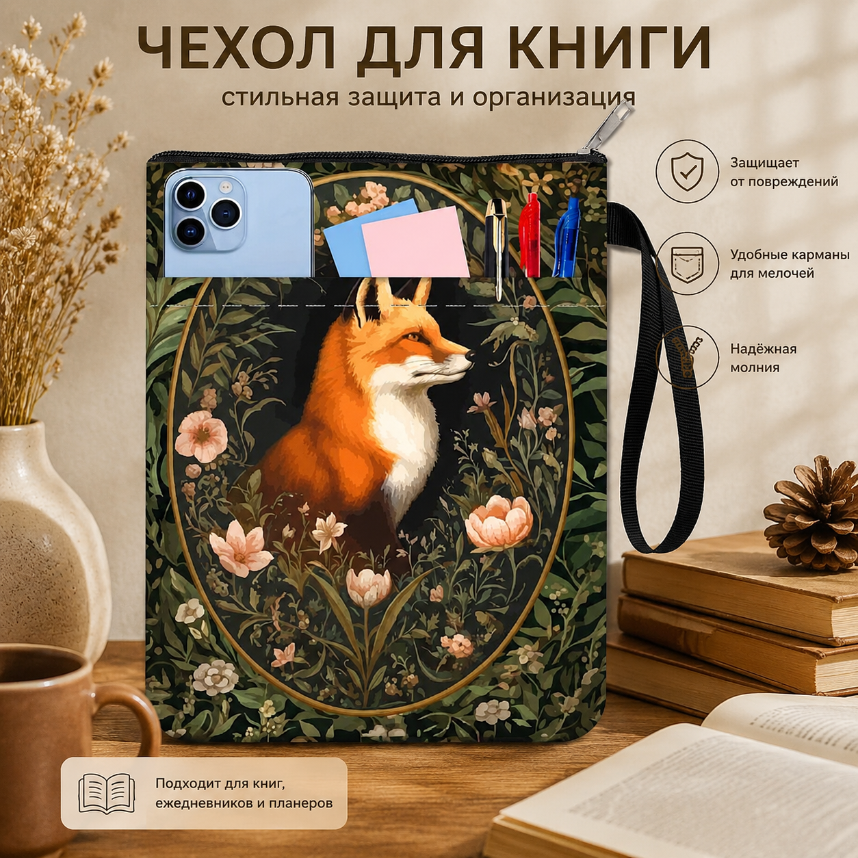 1 шт. тканевая обложка для блокнота, прямоугольная, лиса, 280x220 мм