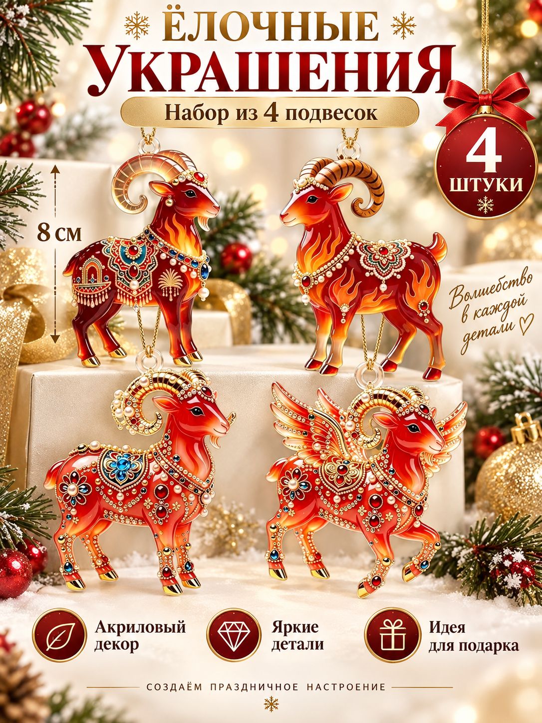Елочная игрушка 8 см коза коричневый 4 шт