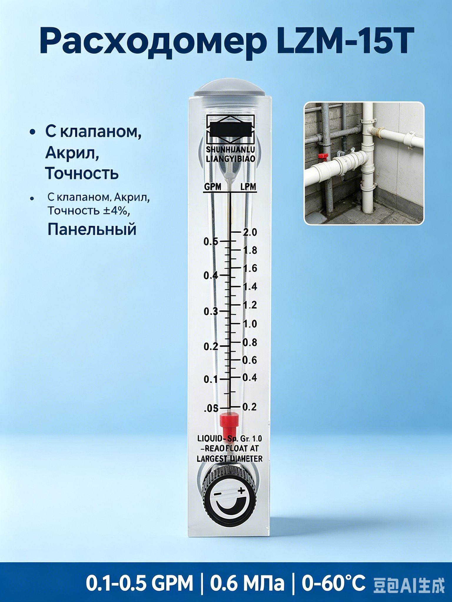 Расходомер жидкости панельный LZM-15T 0.1-0.5 GPM с регулируемым клапаном, акриловый ротаметр для воды и систем очистки