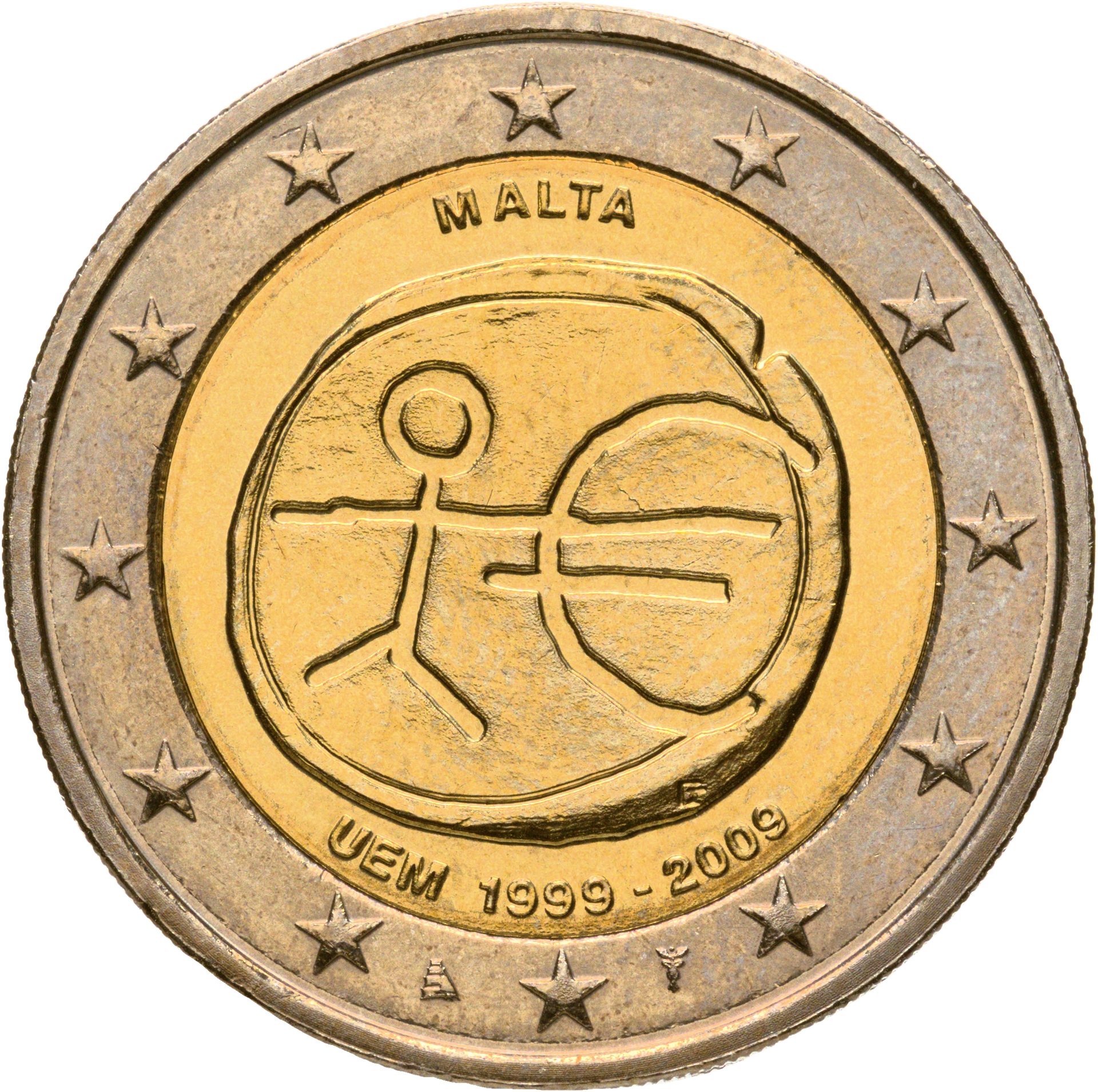 Мальта 2 евро euro 2009 "10 лет монетарной политики ЕС EMU и введения евро", Биметалл, в сохранности UNC
