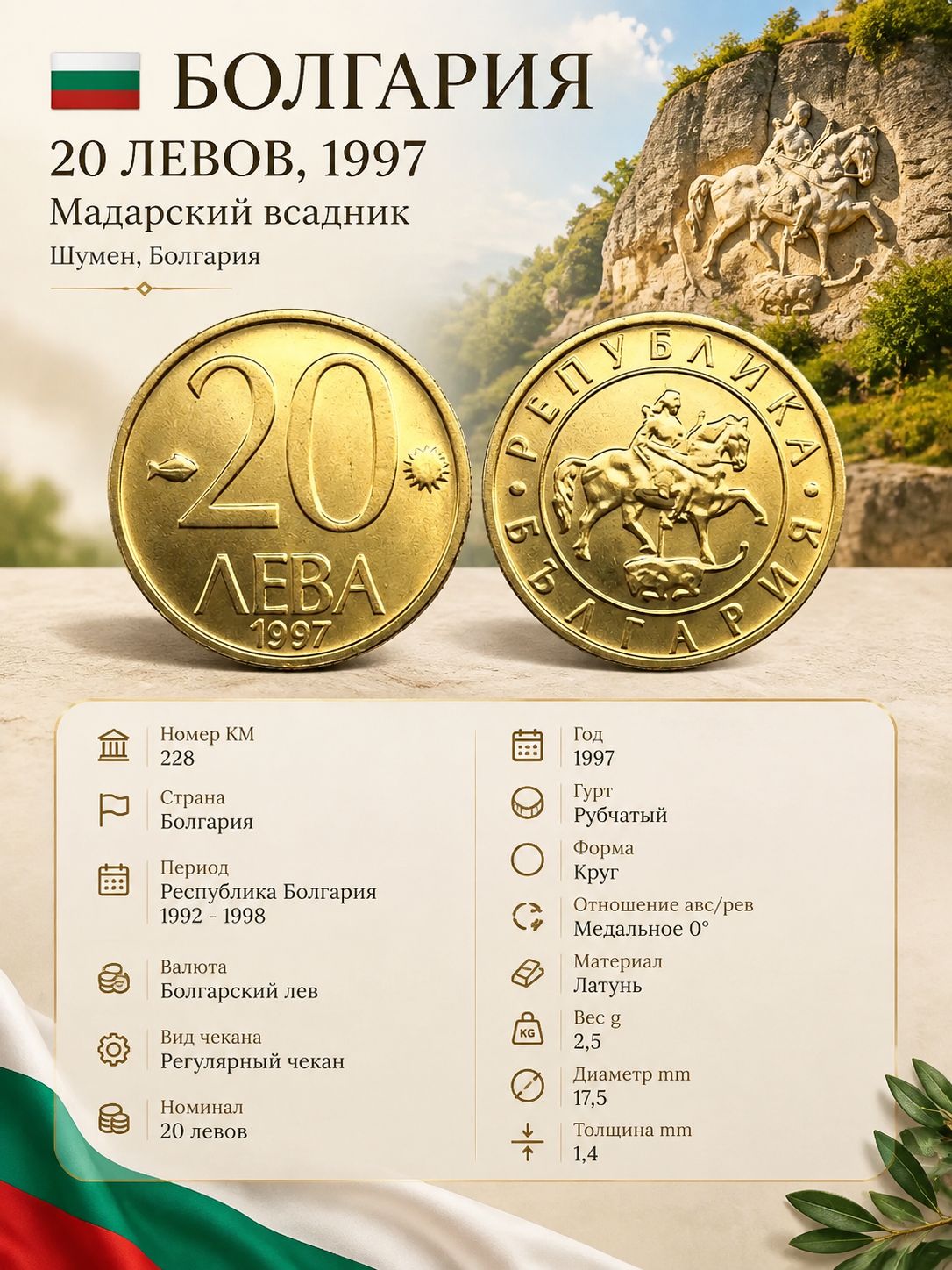 Болгария 20 левов, 1997 Мадарский всадник UNC