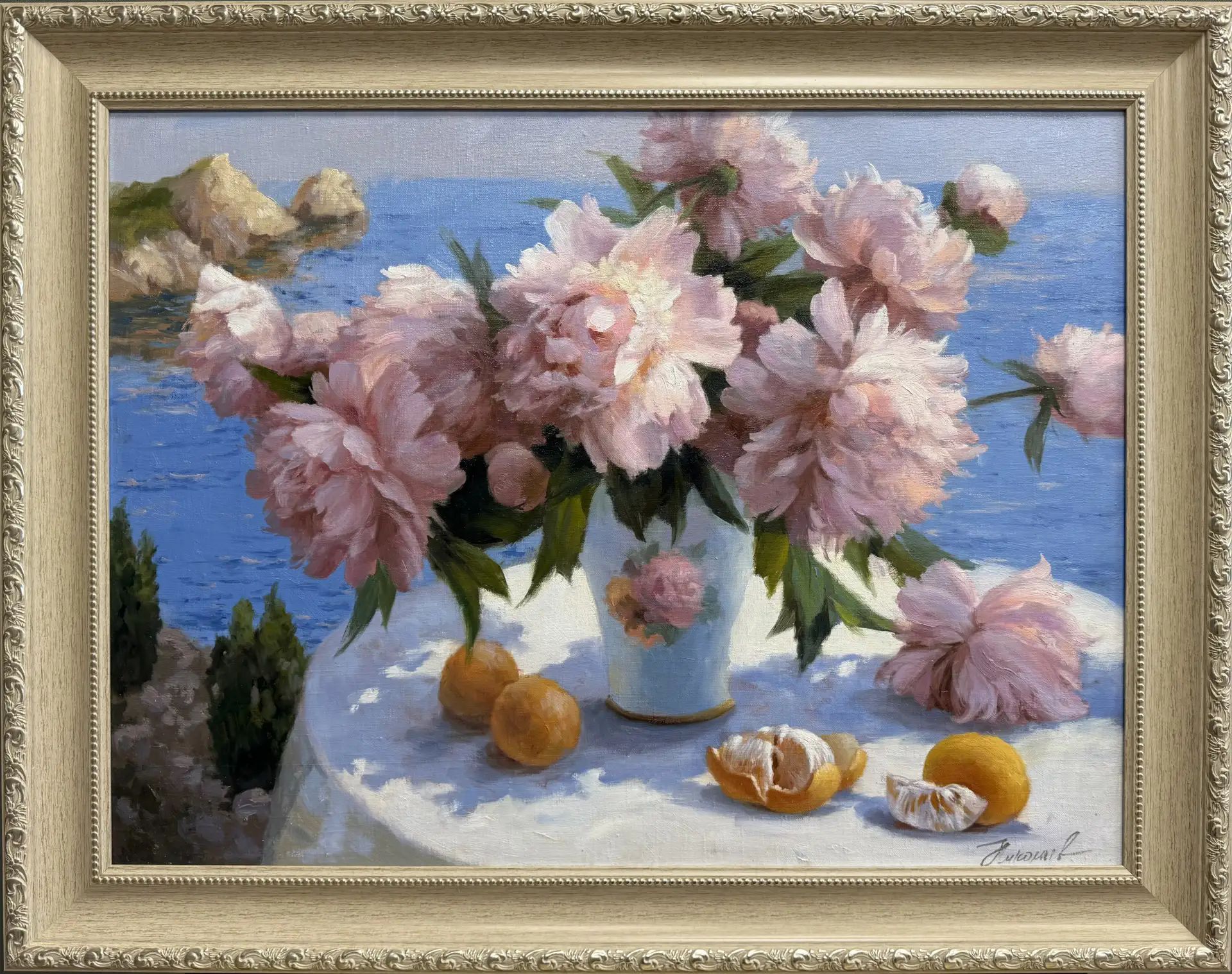Картина маслом, цветы, морской пейзаж "Утро в Крыму". Холст/Масло, 2026. Размер 60х80 см. Автор Николаев Юрий