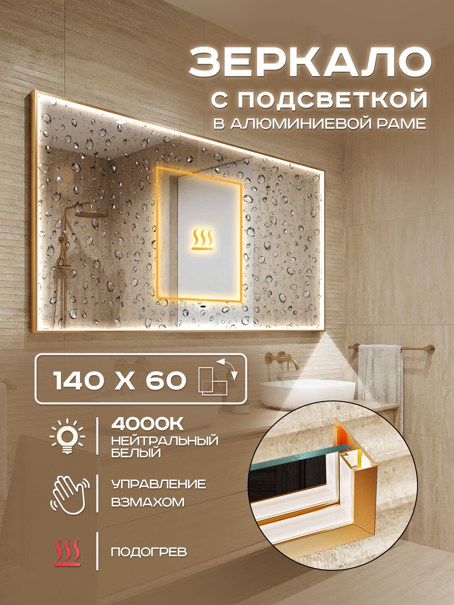 Зеркало с подсветкой настенное Luminor 140х60 в алюминиевой раме