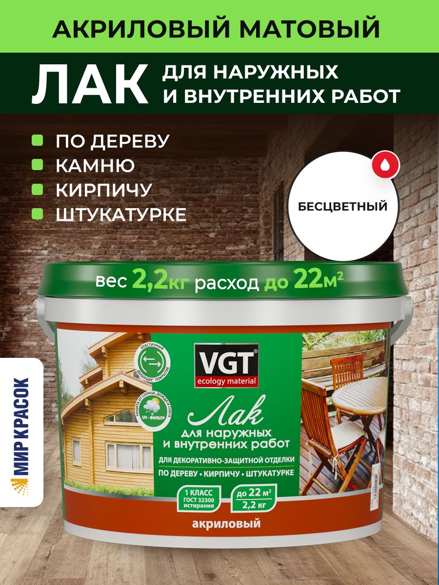 VGT / ВГТ ЛАК акриловый для наружных И внутренних работ по дереву, бетону, камню, матовый (2.2 кг)