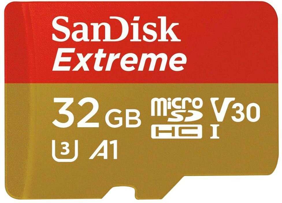 Карта памяти microSDHC 32 ГБ SanDisk Extreme, UHS-I U3 V30 A1 Class 10, чтение до 100 МБ/с, запись до 60 МБ/с, для экшн-камеры, дрона и GoPro (SDSQXAF-032G-GN6MN)