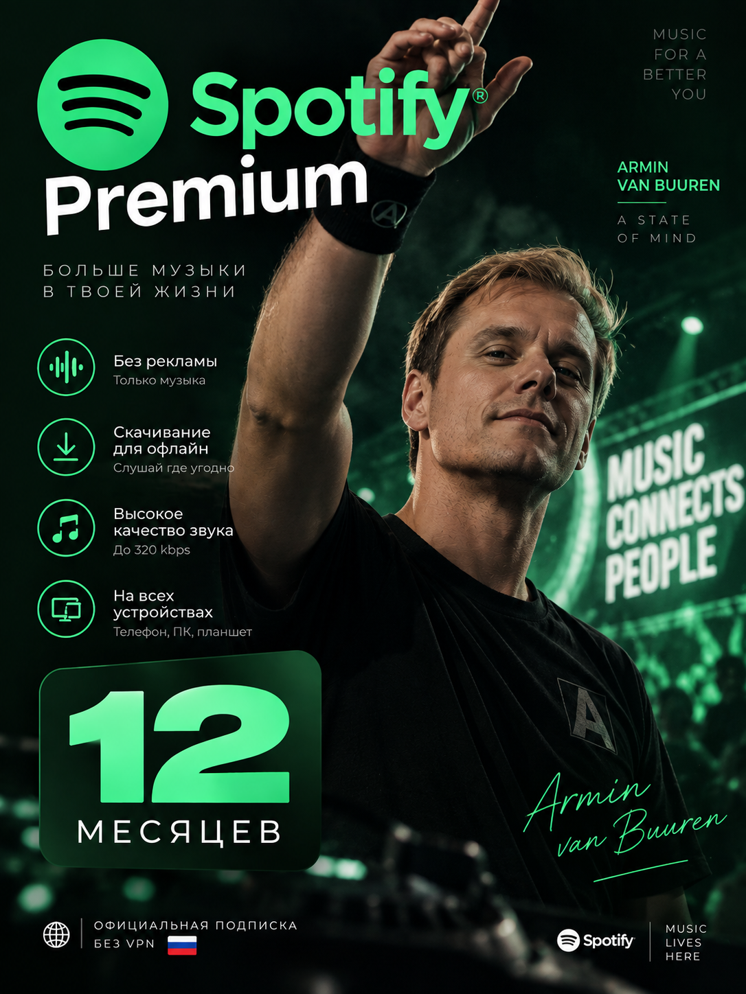 Spotify Premium 12 месяцев на ваш личный аккаунт, для всех платформ, для всех стран