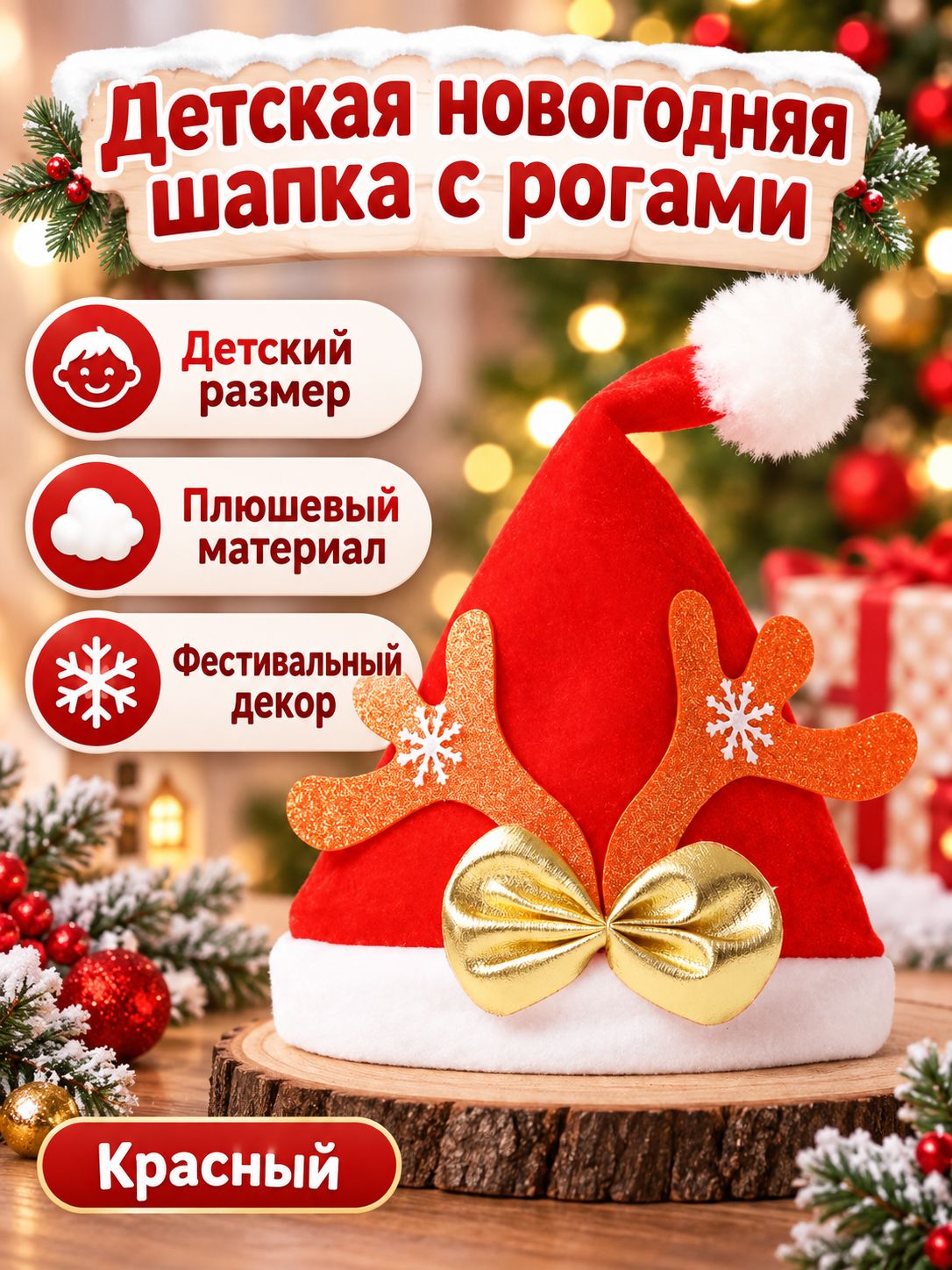 Рождественская шапка для детей с красными рогами оленя и бантом, из нетканого материала
