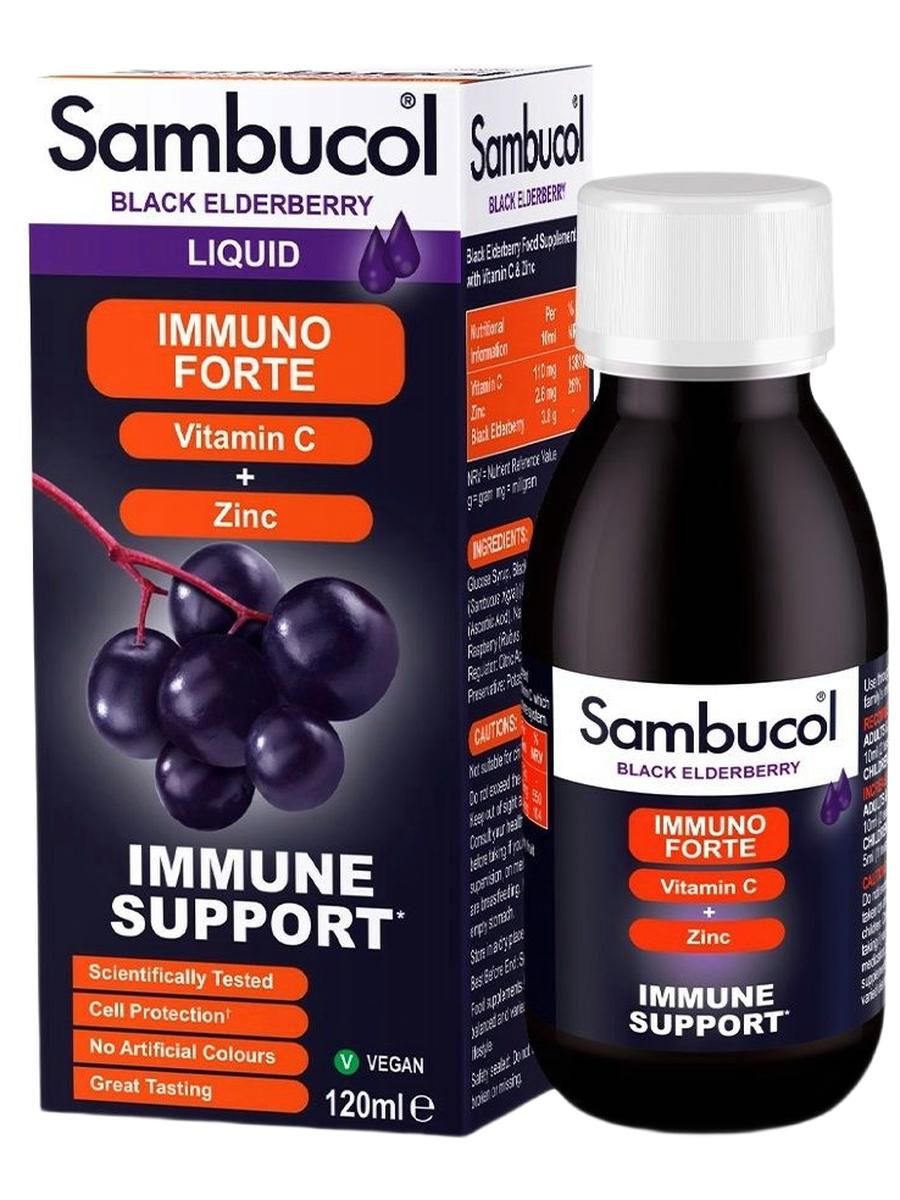 Sambucol Immuno Forte Vitamin C + Zinc 120 ml / Самбукол Иммуно Форте 120 мл. Великобритания / Сироп Черной Бузины с витамином С + Цинк. Для иммунитета, от гриппа и простуды