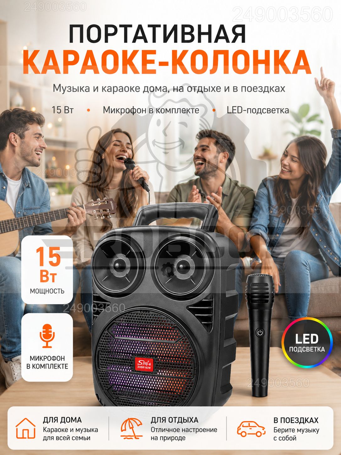 Портативная караоке-колонка 15 Вт с беспроводным микрофоном и LED-подсветкой