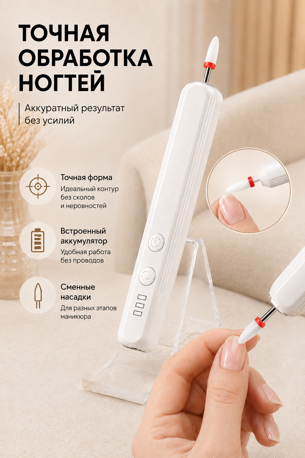 Бежевый LED-принтер для ногтей с аккумулятором, 5 Вт, в комплекте с насадкой и кейсом