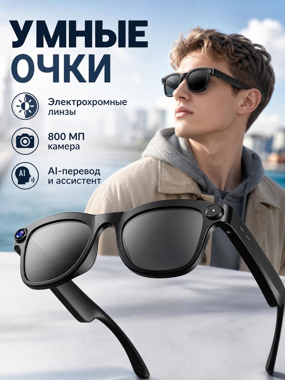 Умные очки с камерой, 8 ГБ, из поликарбоната, матовые черные