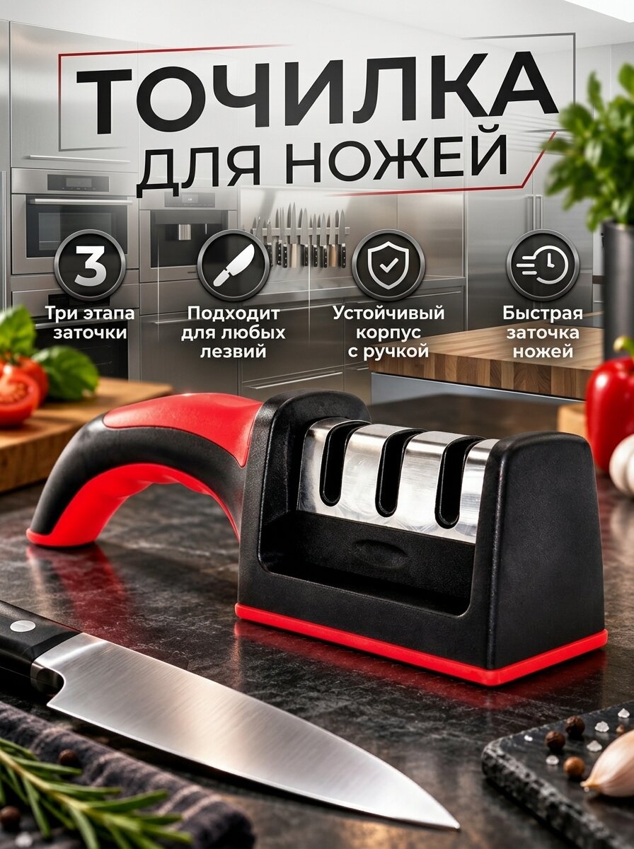Точилка для ножей и ножниц, 3 этапа заточки, устойчивый корпус с ручкой