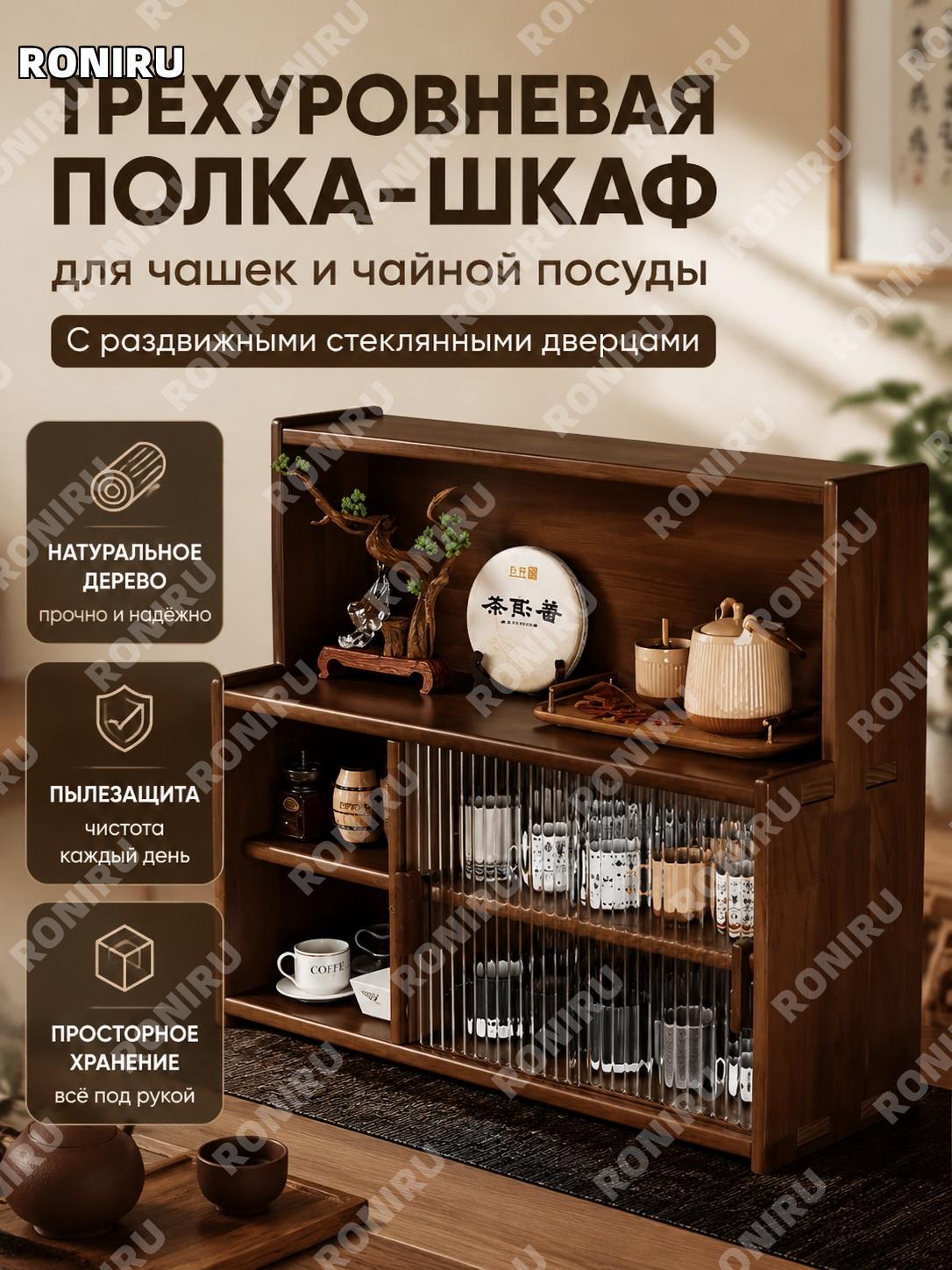 Стойка для чашек деревянная чайная полка-шкаф 3 яруса 3 секции, сосна, черный орех, лак, стеклянная дверца для дома