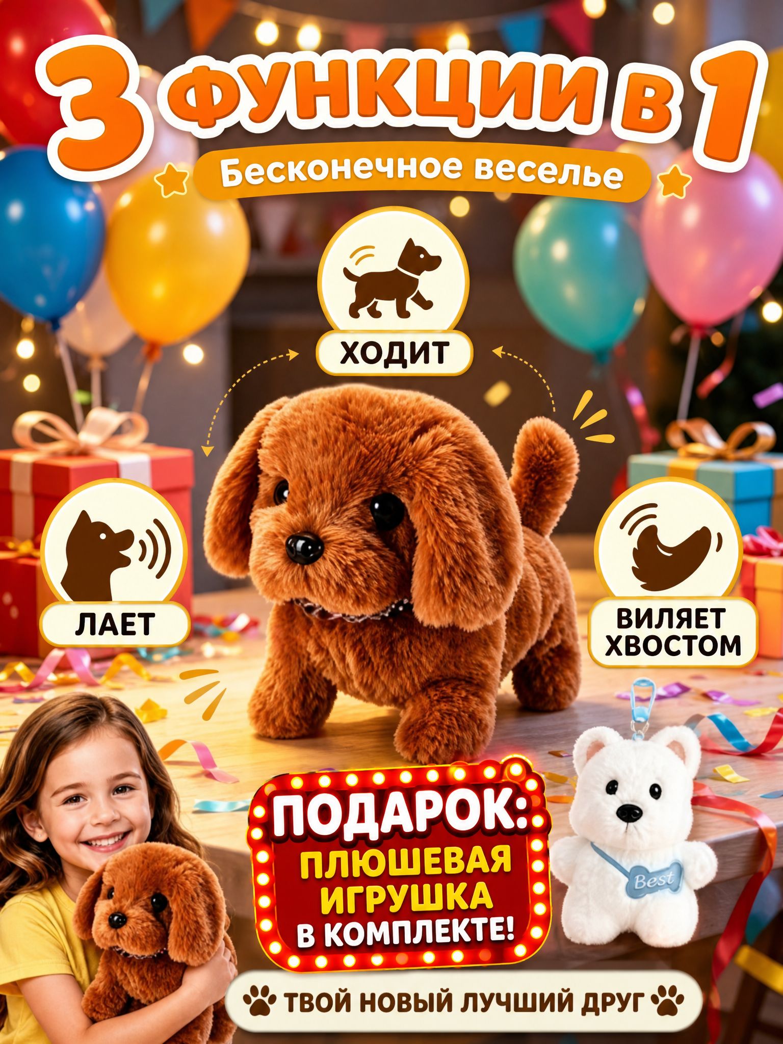 Мягкая игрушка интерактивная собака коричневая Тяф, 18 см; робот собачка для девочки и мальчика