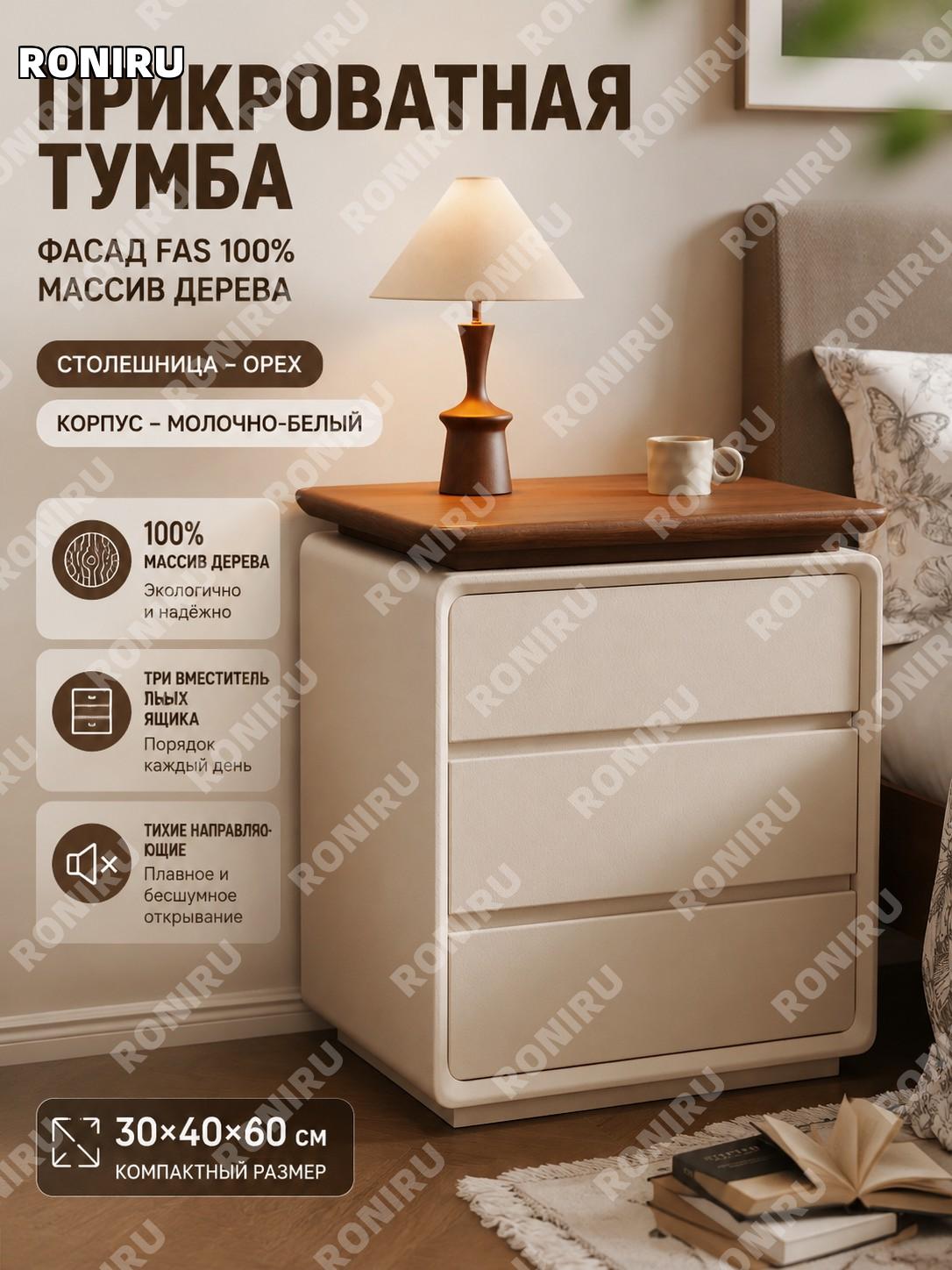 Прикроватная тумба из массива дерева 30×40×60 см, ореховая столешница, бежевый цвет FAS 100% для спальни новая