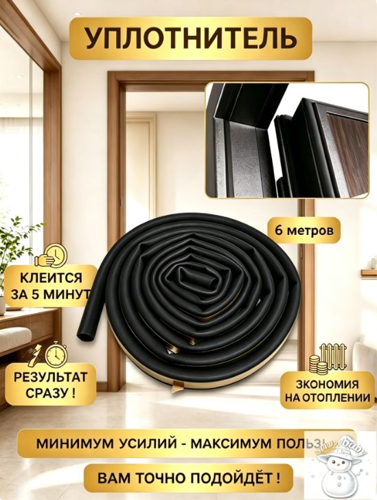 Универсальный уплотнитель РГ-031 резиновый EPDM для дверей и окон 6м от шума и холода (Россия)