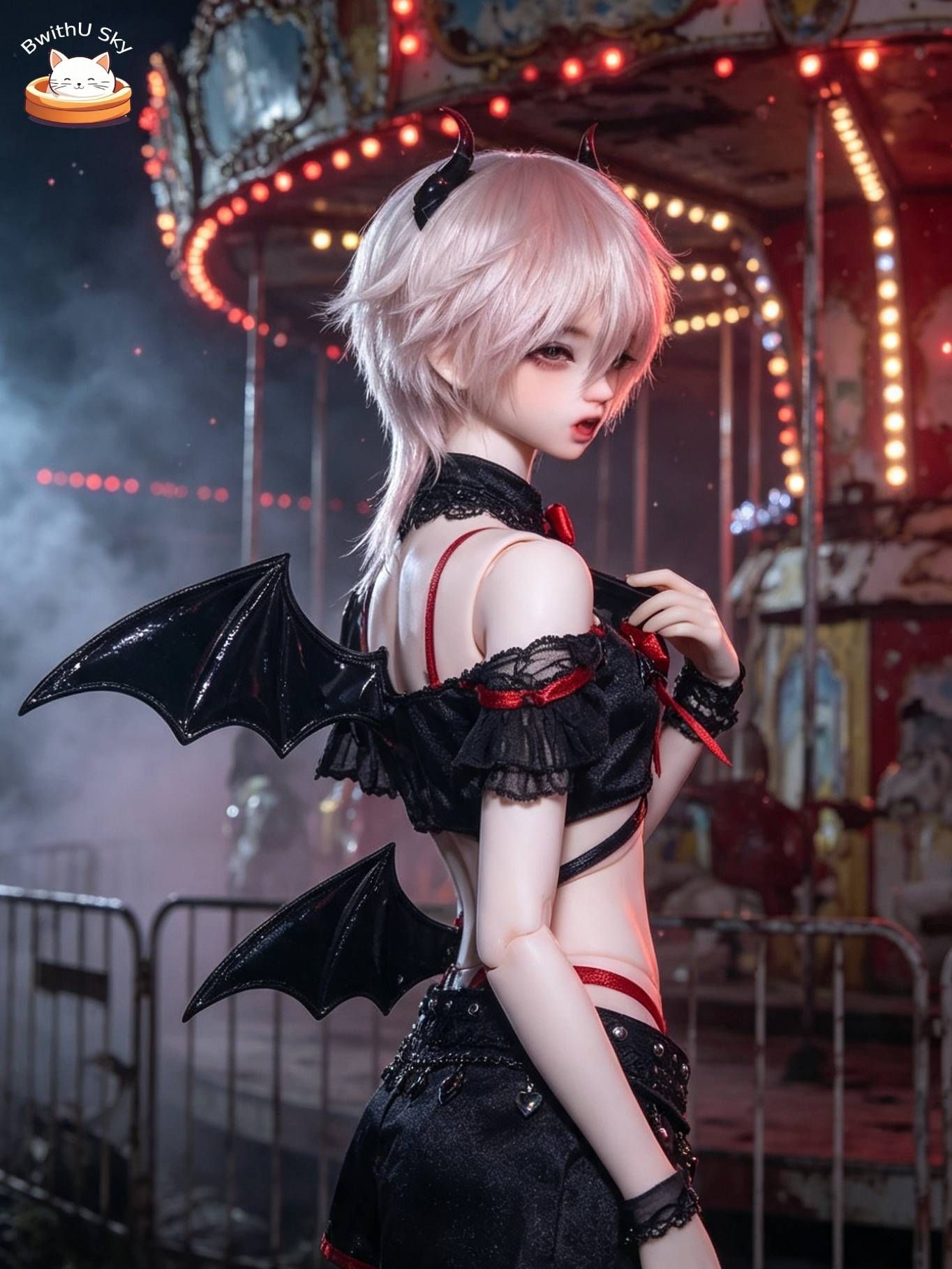 BwithUSky Chaelor 1/4 BJD Fullset, светло-розовые короткие волосы, маленькие рога демона, крылья летучей мыши и костюм из чёрного кружева с красными акцентами