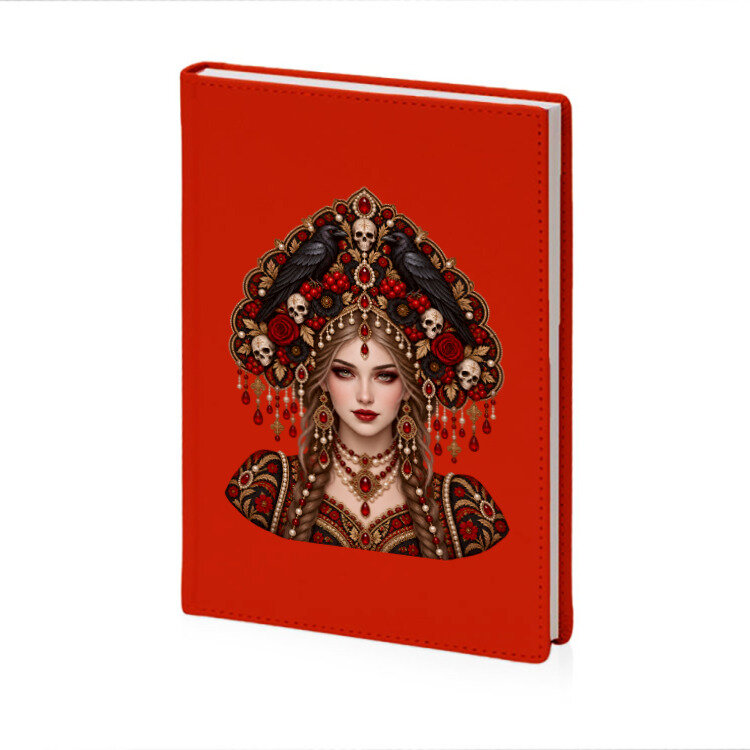 Ежедневник «Русская красавица; кокошник, черепа, вороны, ягоды» (красный)