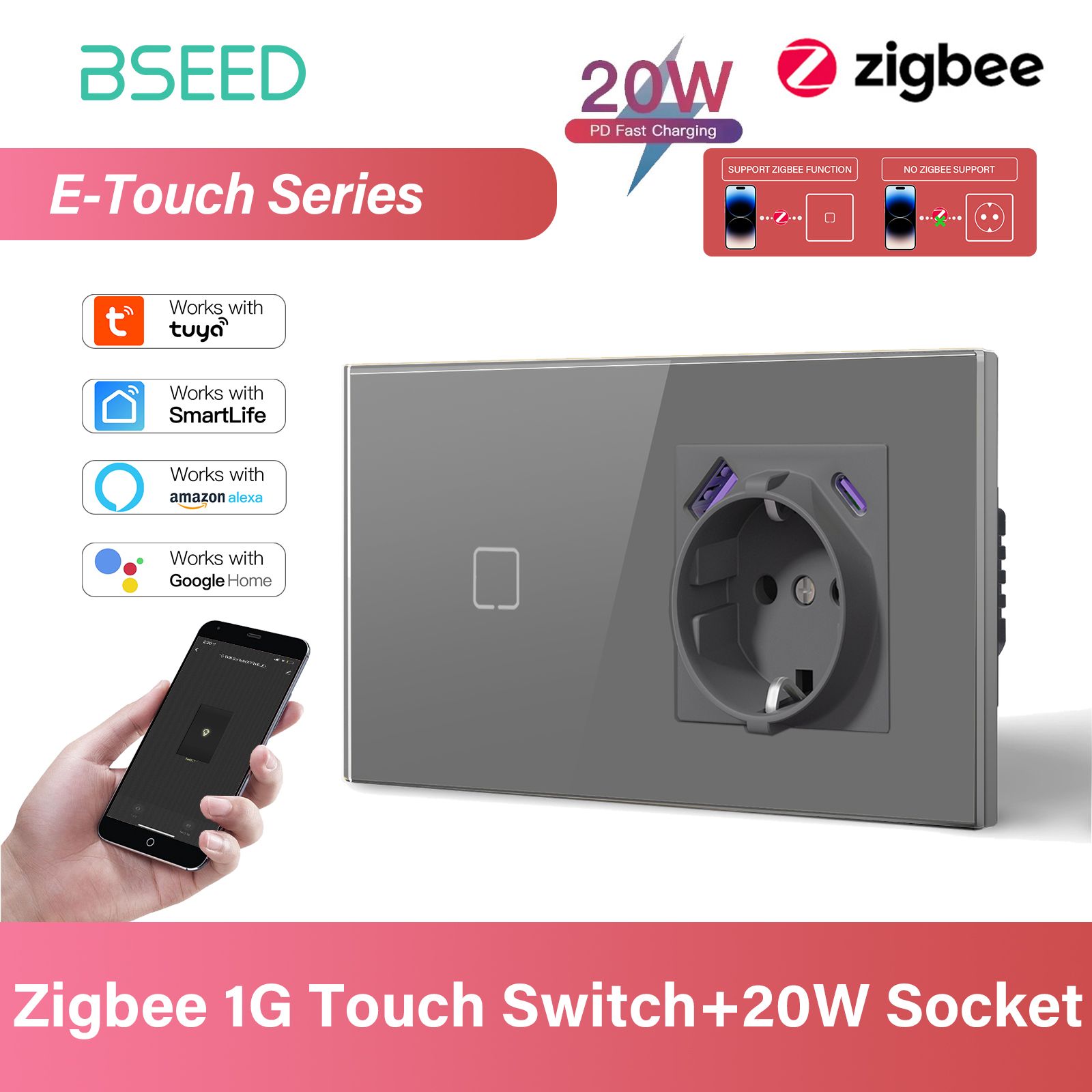 Умный сенсорный выключатель с розеткой с USB и TYPE-C, 1 клавиши 1 розетка, ZIGBEE, Smart Life с Алисой