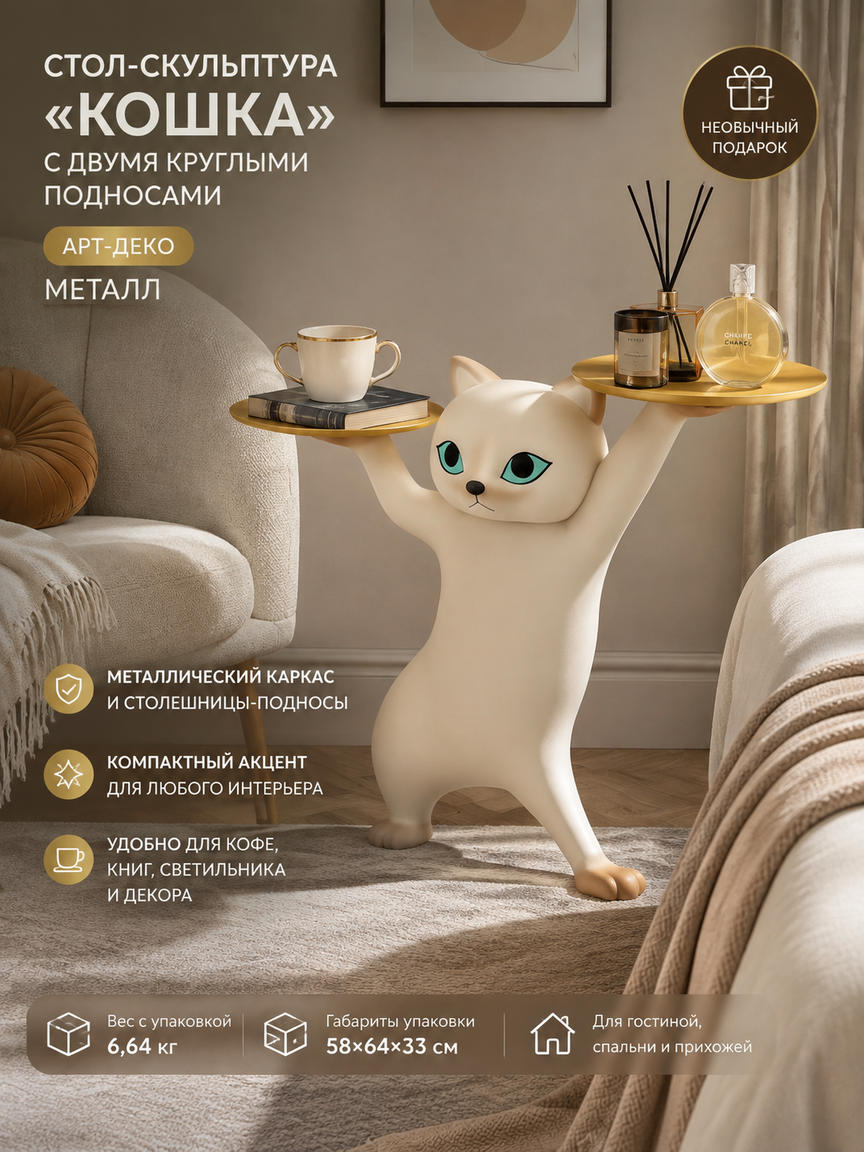 Стол-скульптура «кошка» с двумя круглыми подносами, металл, арт-деко, для гостиной