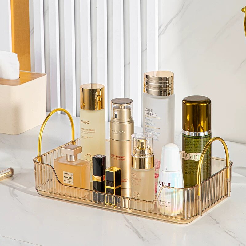 1-ярусная косметическая организация в янтарно-золотом цвете, прямоугольная, простое хранение парфюма на столе
