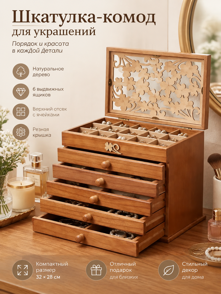 Шкатулка-комод для украшений из дерева, 6 ящиков, верхняя секция с ячейками и резной крышкой