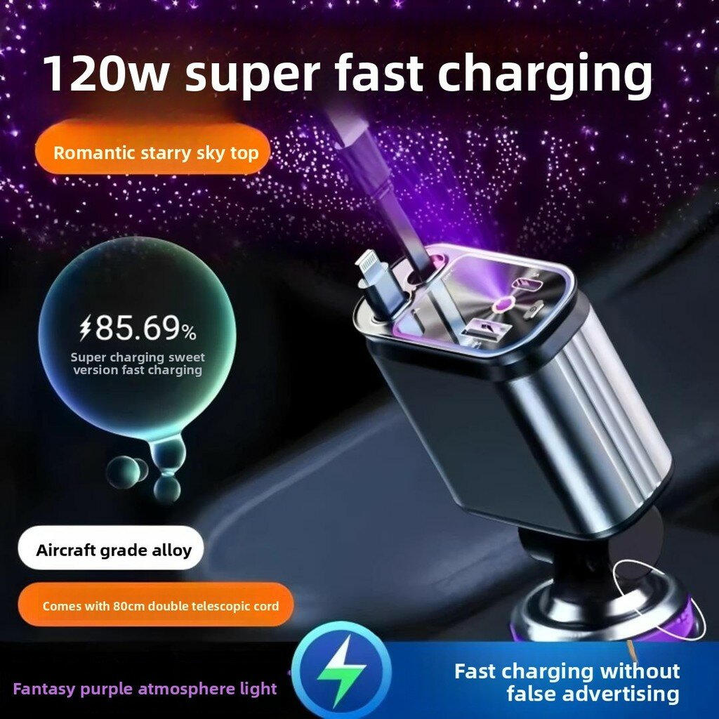 Автомобильное зарядное устройство с быстрой зарядкой 120w с usb портами для смартфонов и устройств, фиолетовый