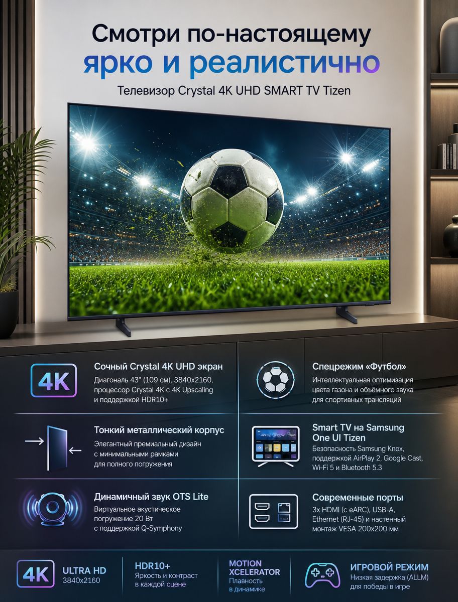 Телевизор Samsung UE43U8000HUXPY 43" 4K UHD, Smart TV, черный