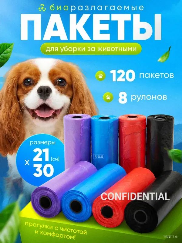 Пакеты для выгула собак биоразлагаемые 120 штук (8 рулонов по 15 штук)