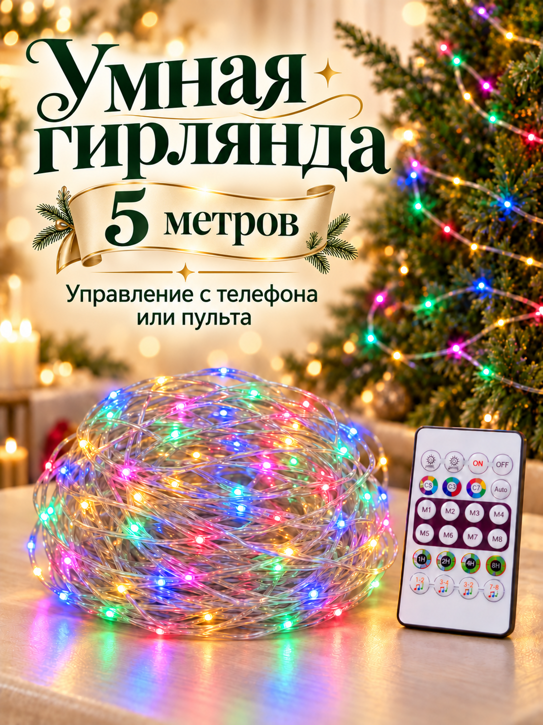 Гирлянда новогодняя на елку Роса 5 м, USB, Bluetooth, 8 цветов, 20 режимов