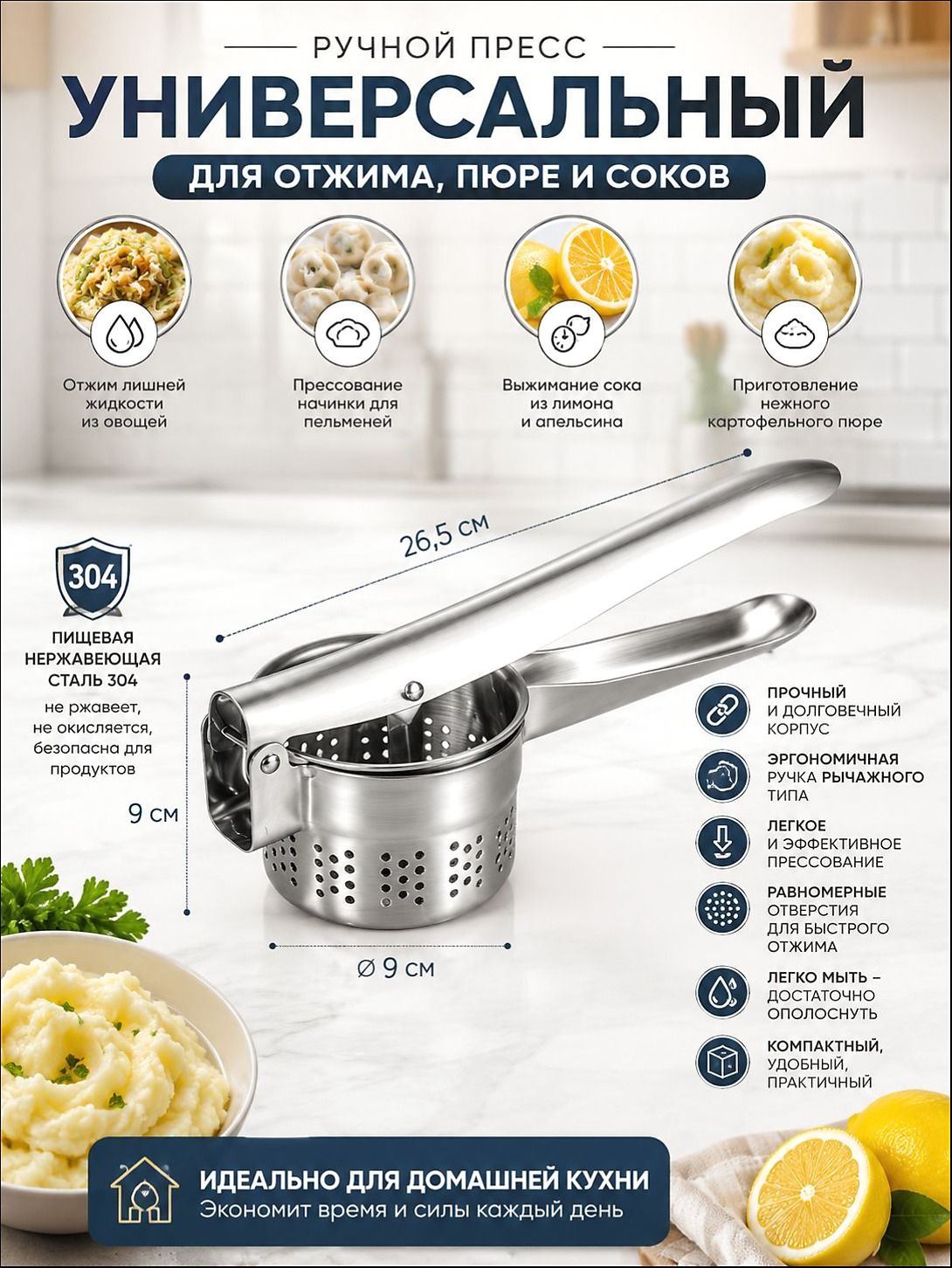 Ручной пресс из нержавеющей стали 304 для картофеля, овощей и фруктов, соковыжималка для лимона и апельсина, пресс для пюре и начинки