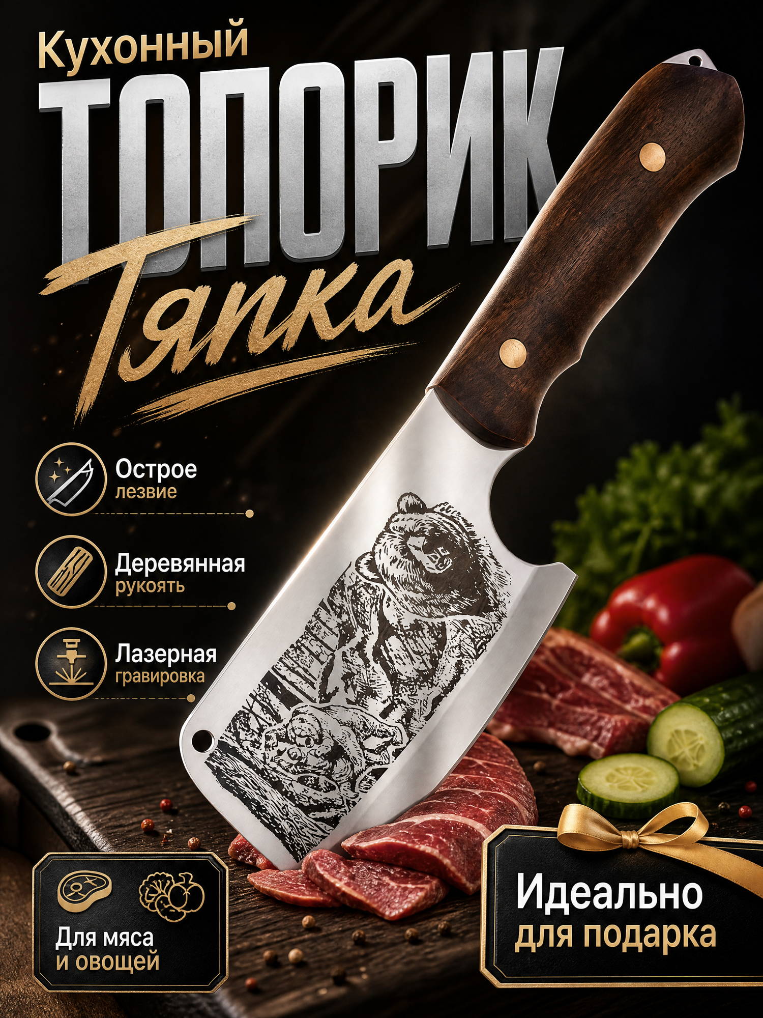 Топорик разделочный / Топорик кухонный Бурый медведь, сталь AUS 8