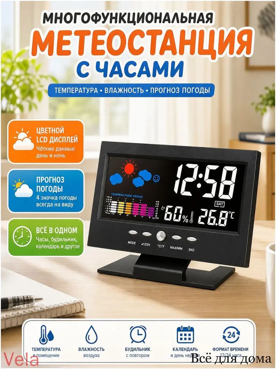 Умные цифровые часы с метеостанцией, календарем и будильником большой экран 14.5 см, прогноз погоды, измерение