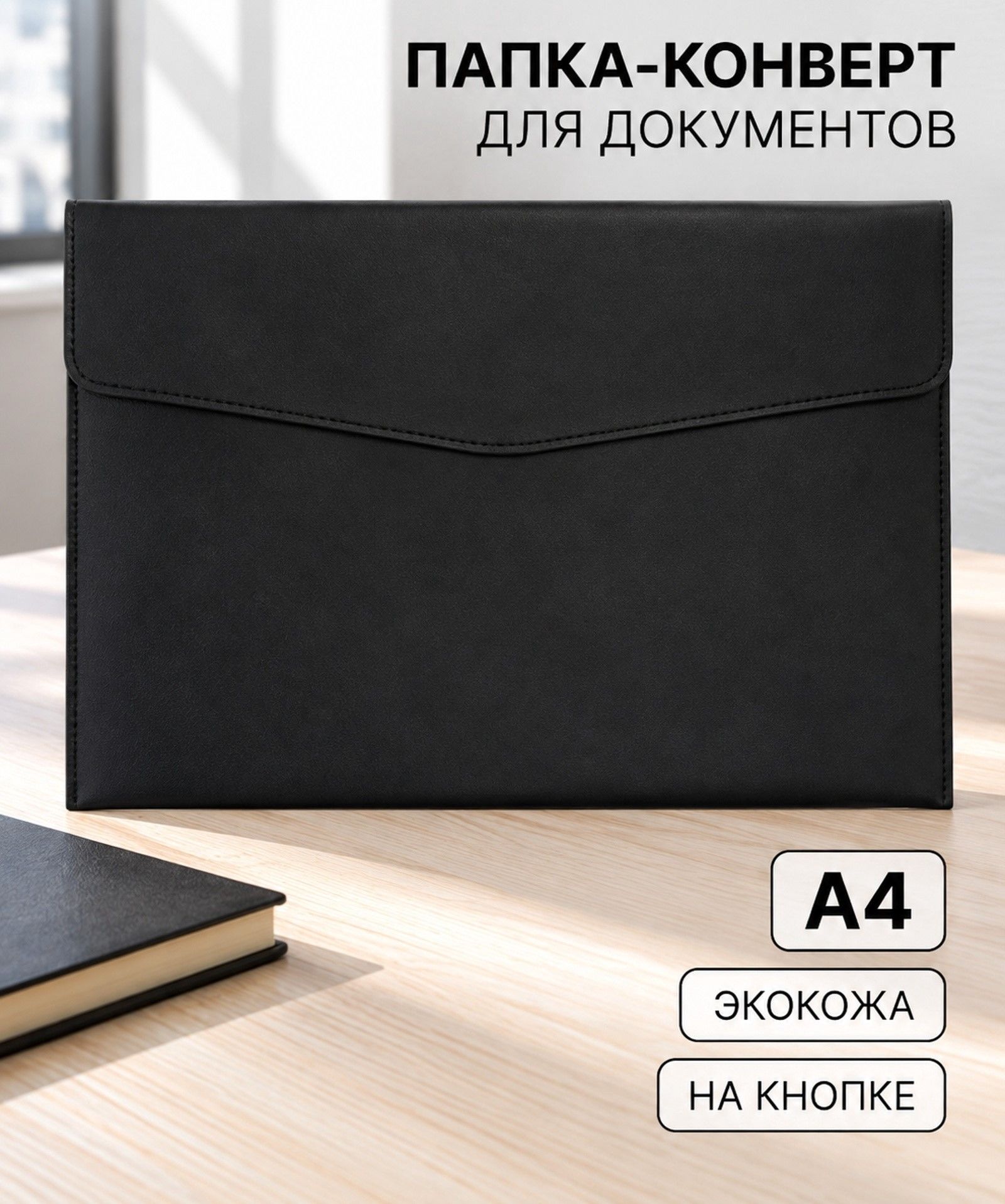 Папка-конверт на кнопке, формат А4, кожзам, чёрная