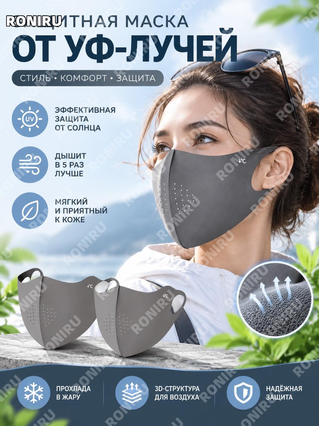 Маска солнцезащитная женская серо-тёмная двухцветная 2025, 3D защитный экран для лица, воздухопроницаемая летняя