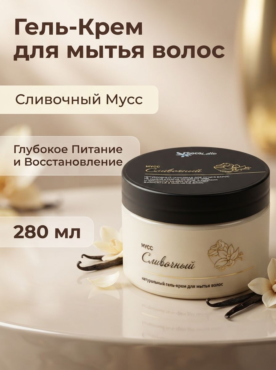 Гель-крем для мытья волос Мусс Сливочный, натуральный, безсульфатный, 280 мл