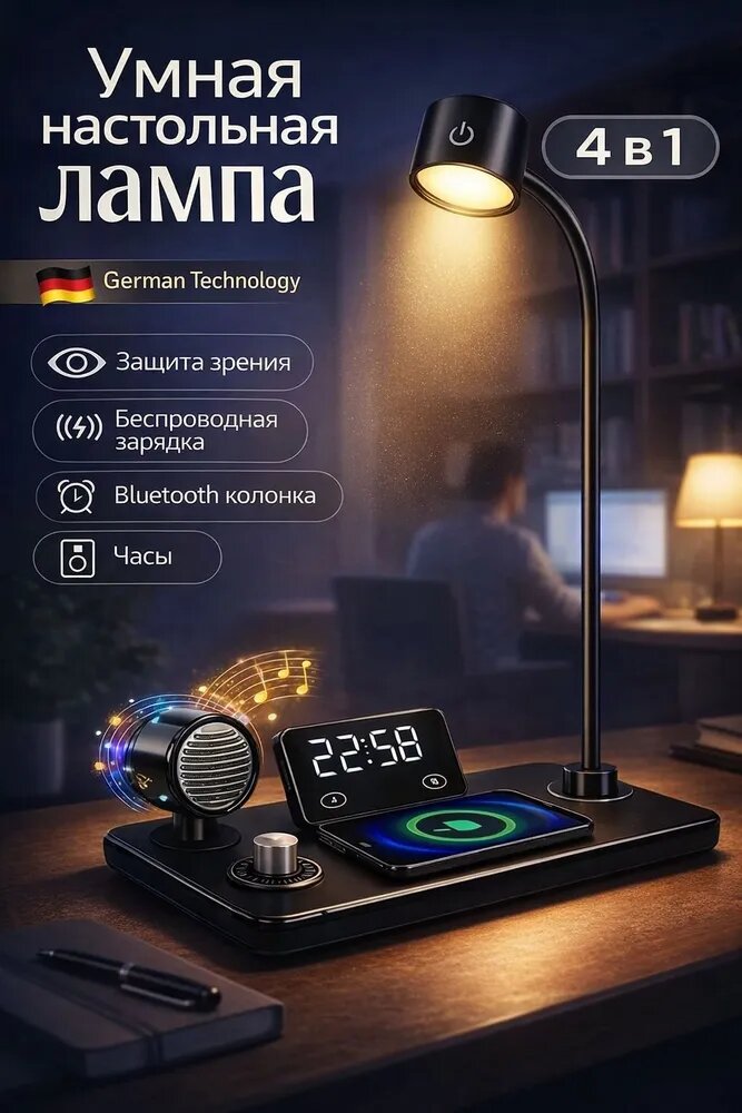 Многофункциональная настольная лампа для школьника /дома /офис, беспроводная зарядка, музыка по Bluetooth и часы