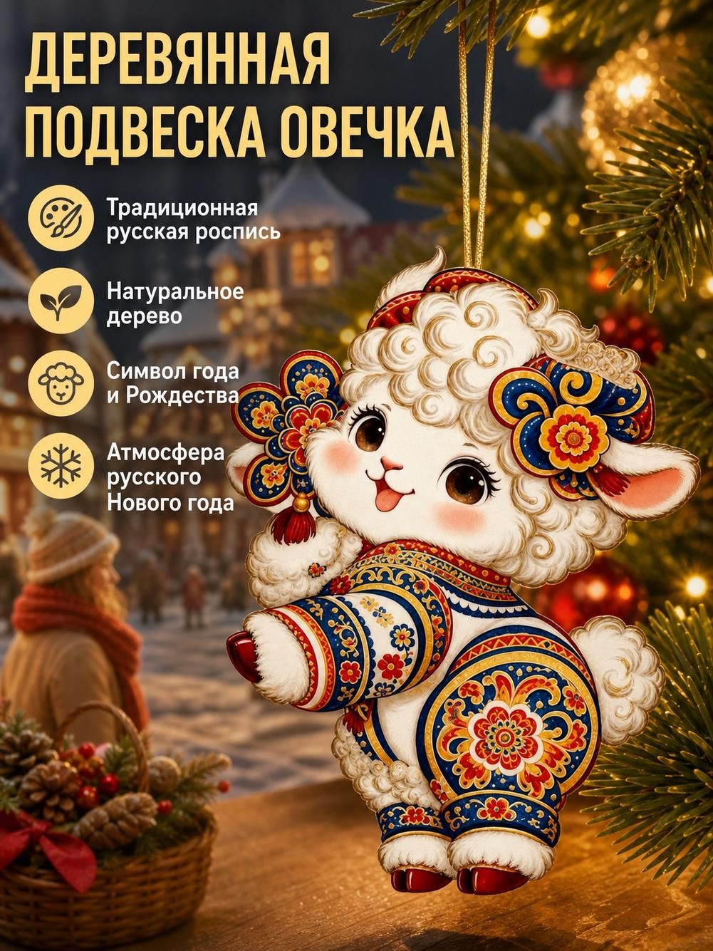 Подвеска "Символ года", 8 см, из дерева, золотая