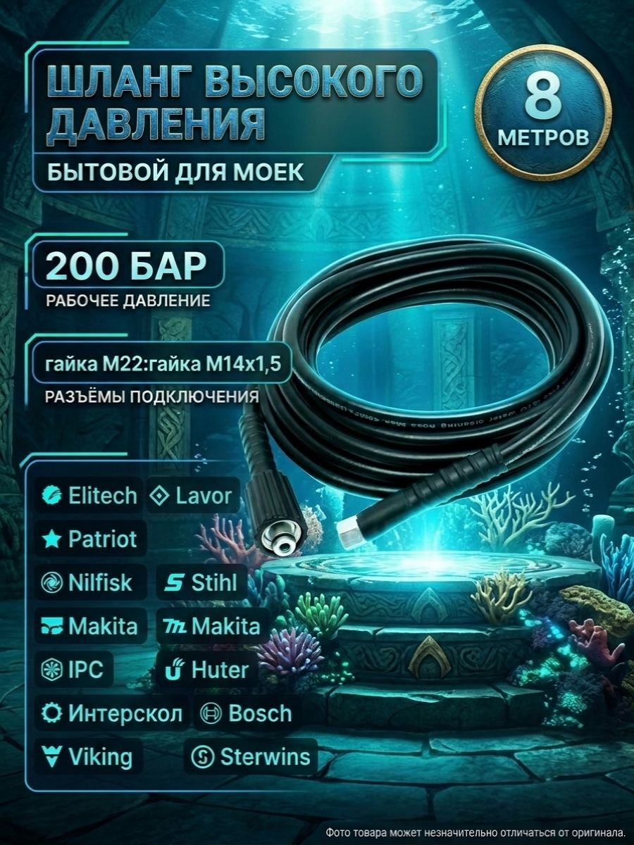 Шланг высокого давления для минимоек HUTER, CHAMPION, РЕСАНТА, ELITECH и других до 200 бар, гайка M14*1.5-гайка M22*1.5, 8