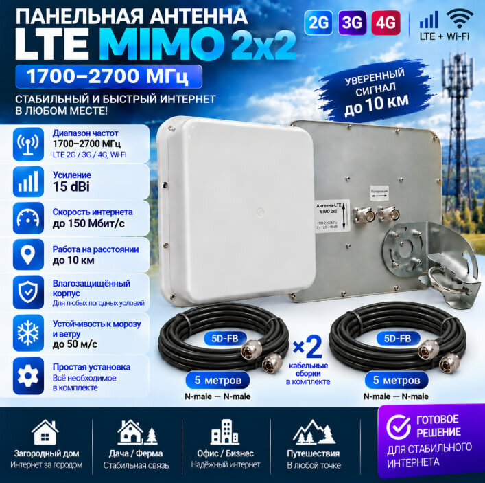 Антенна 4G LTE MIMO 2x2 1700–2700 МГц 15 dBi, 2 кабеля 5D-FB по 5 м, N-male
