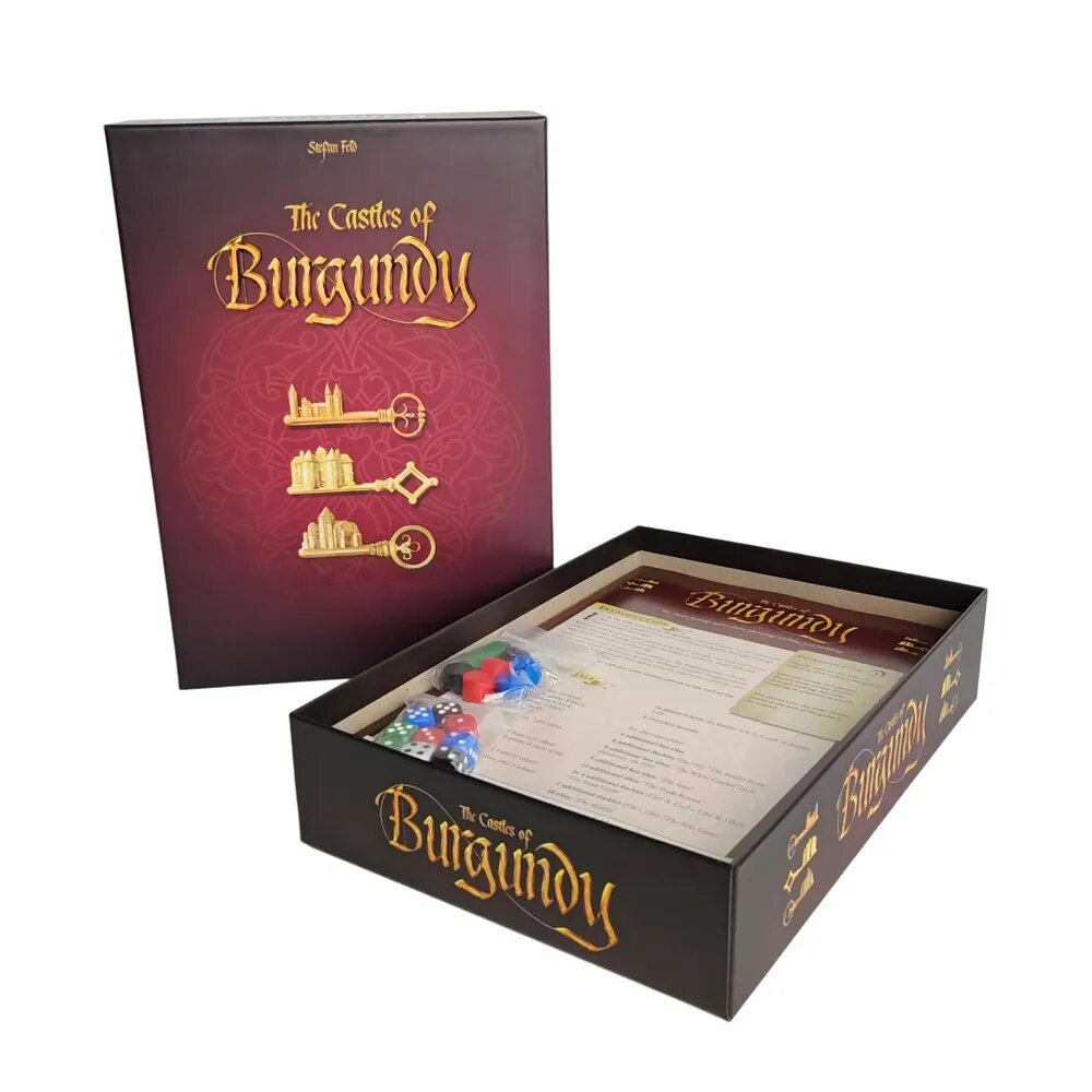 Настольная игра The Castles of Burgundy. Праздничное вручение, тактика для двоих и более, роскошное оформление, коробка увеличенного формата.