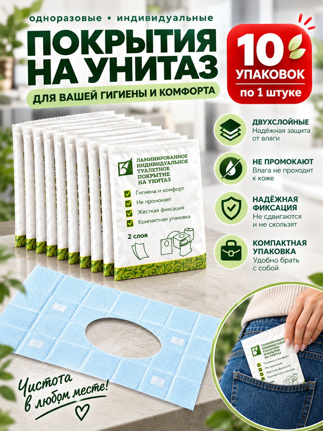 Накладки на унитаз одноразовые двухслойные, непромокаемые,10 шт, голубые. В роддом, в поезд, в дорогу.