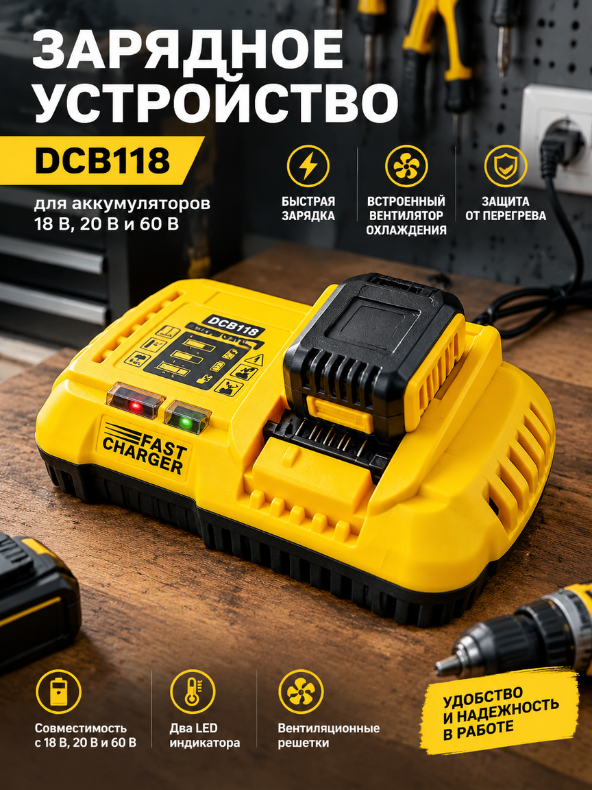 Зарядное устройство DCB118 для аккумуляторов 18 В, 20 В и 60 В с охлаждением и индикацией