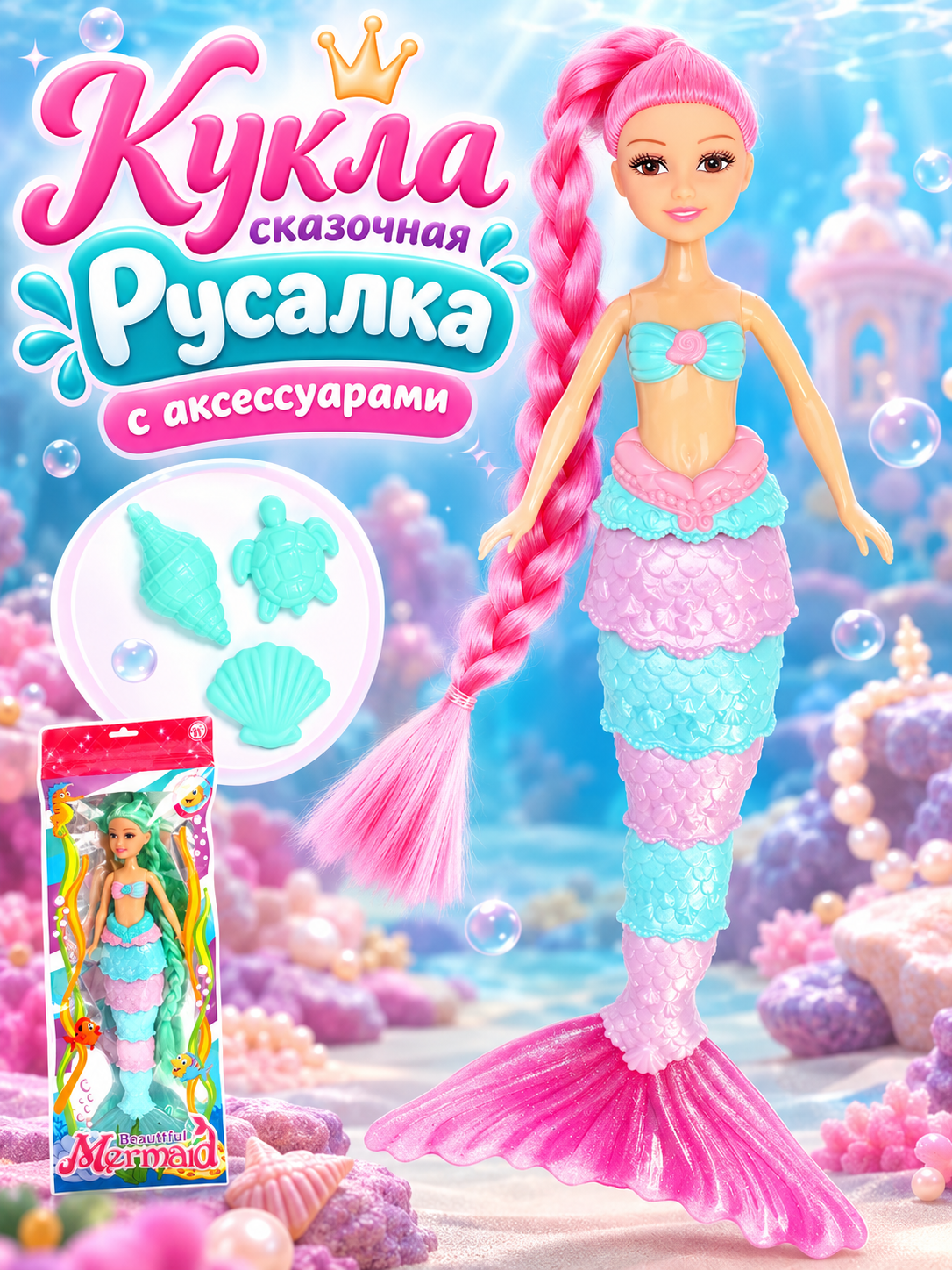 Детская кукла сказочная "Русалка" , с аксессуарами, для девочек