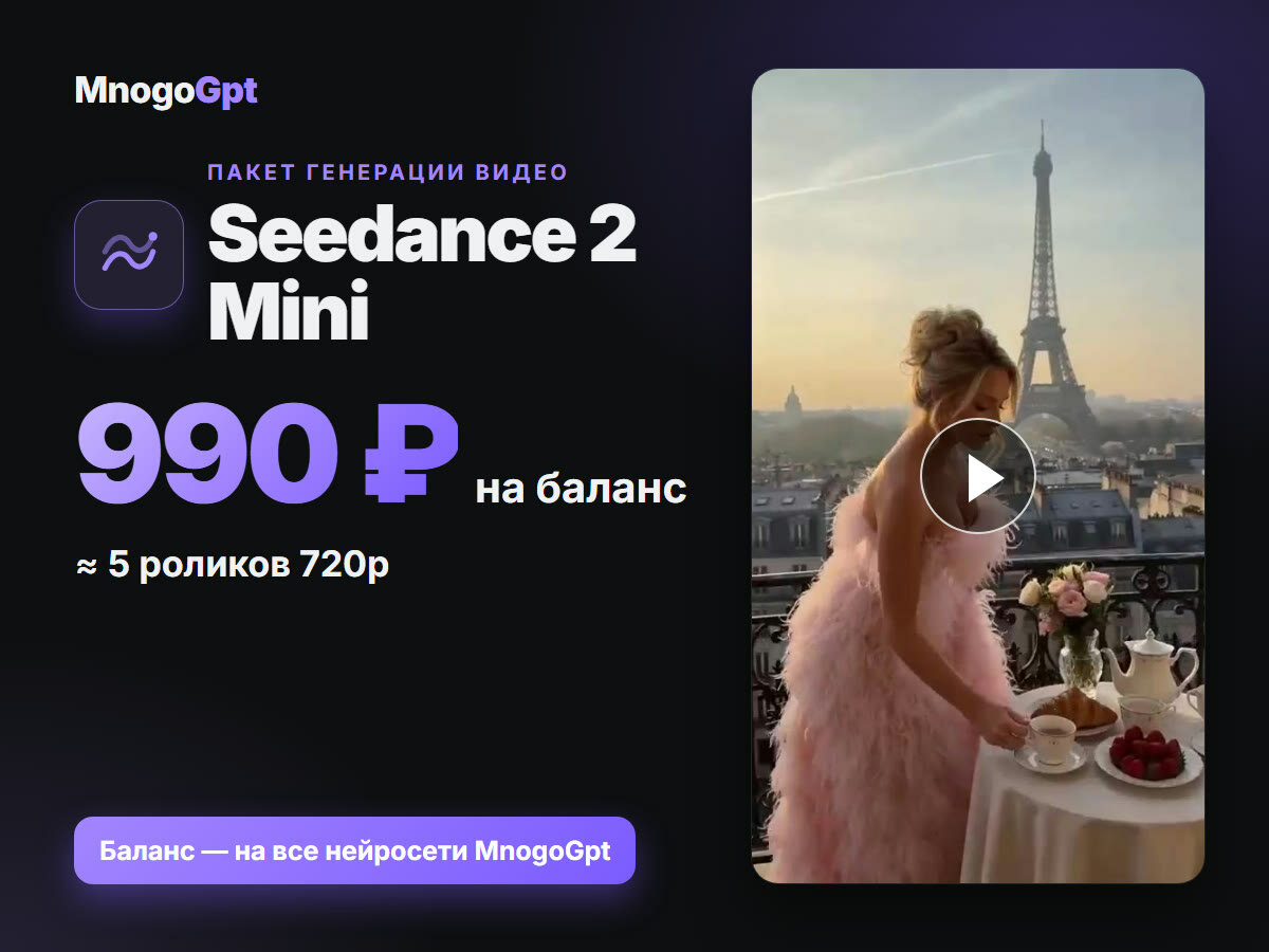 Оживить фото: нейросеть для видео Seedance 2 Mini — без подписки, баланс 990 ₽ MnogoGpt, ≈5 роликов 720p