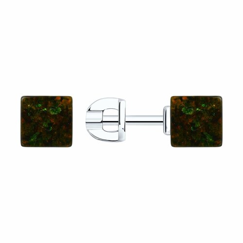 фото Серьги diamant online, серебро, 925 проба, родирование, янтарь, длина 0.6 см, , зеленый